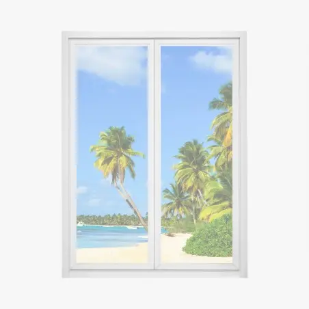 Pegatina para ventana playa paradisíaca con palmeras y aguas turquesas – Pixers®