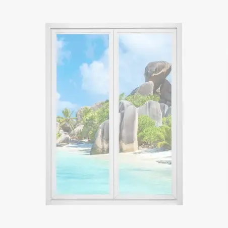 Pegatina para ventana playa paradisíaca de La Digue, Seychelles – Pixers®