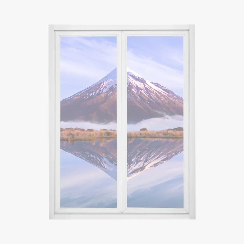 Pegatina para ventana montaña nevada reflejada en lago