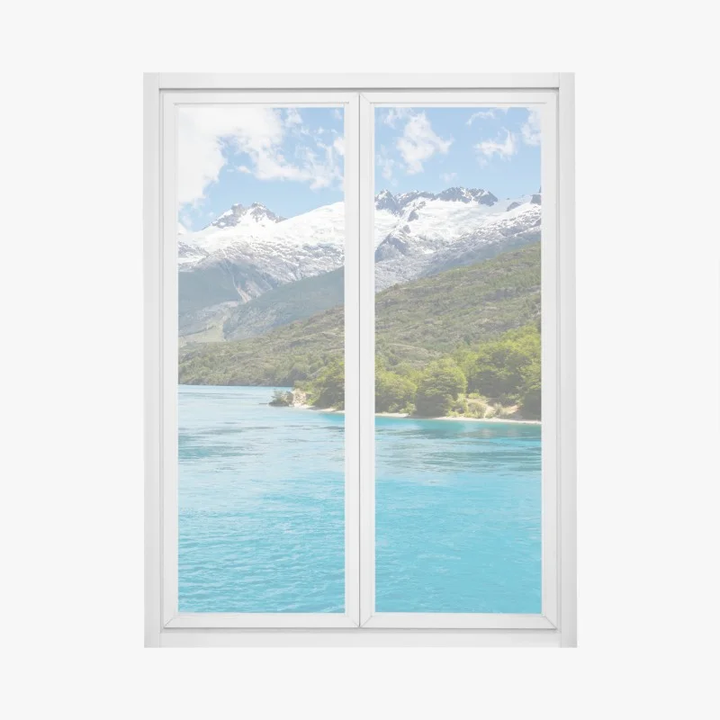 Pegatina para ventana paisaje de montañas nevadas y aguas turquesas