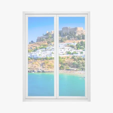 Pegatina para ventana Lindos, Grecia: acantilado de casas blancas y Acrópolis – Pixers®
