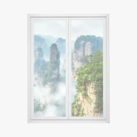 Pegatina para ventana paisaje de picos montañosos en la niebla – Pixers®