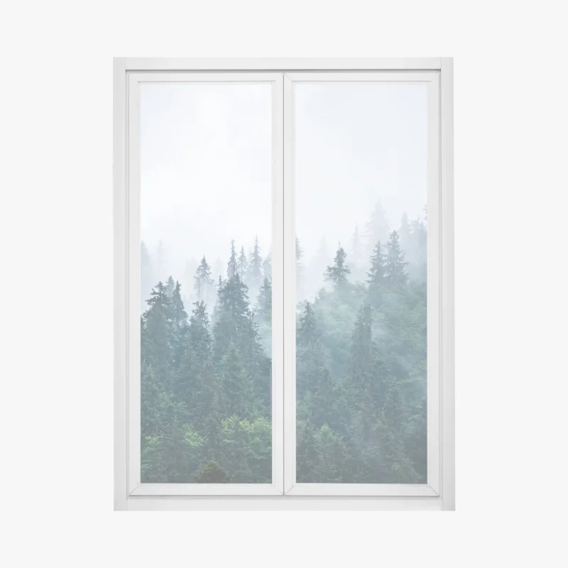 Pegatina para ventana bosque entre la niebla y los pinos
