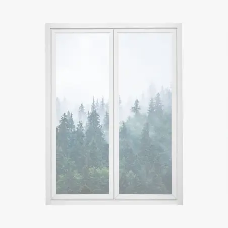 Pegatina para ventana bosque entre la niebla y los pinos – Pixers®