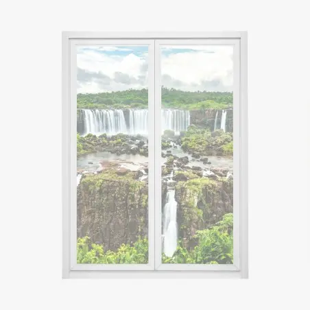 Pegatina para ventana panorama de las cataratas de Iguazú entre selvas exuberantes – Pixers®