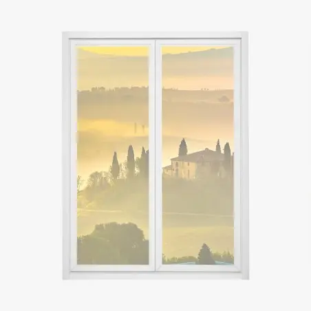 Pegatina para ventana colina dorada con casa y cipreses al amanecer – Pixers®