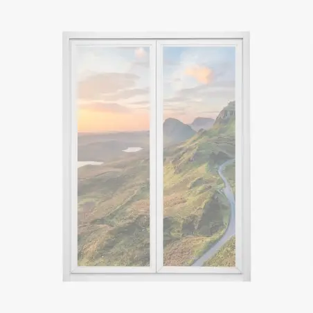 Pegatina para ventana amanecer en montañas verdes con carretera sinuosa – Pixers®