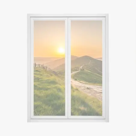 Pegatina para ventana sendero dorado entre colinas al amanecer – Pixers®