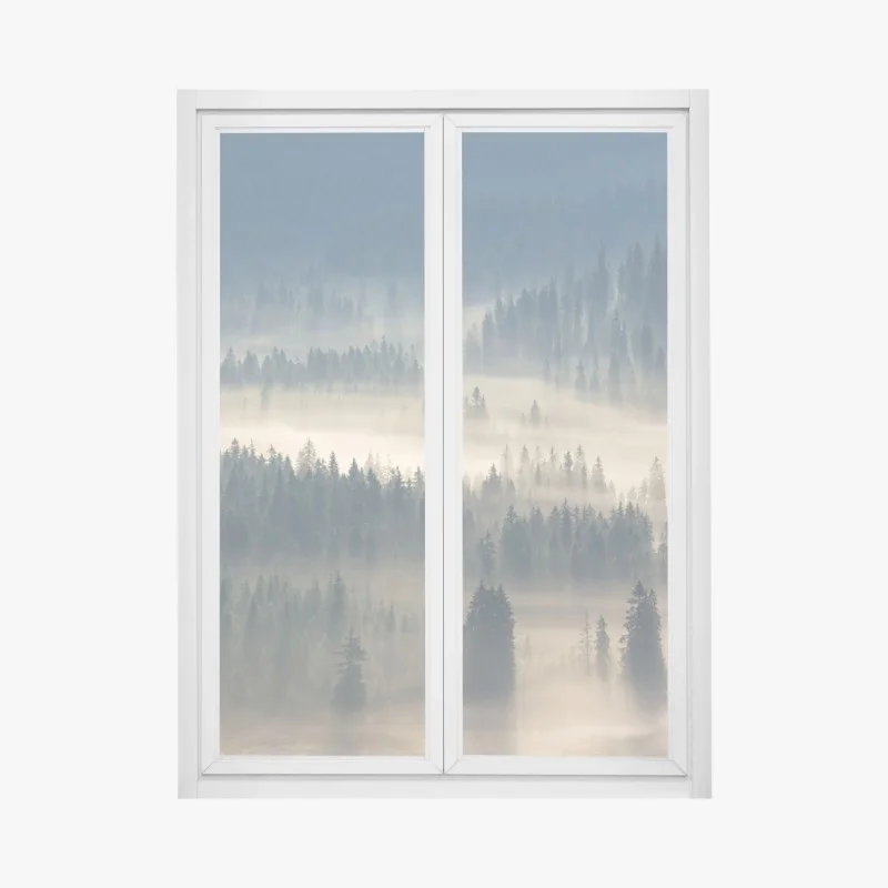 Pegatina para ventana paisaje brumoso de abetos en valle montañoso