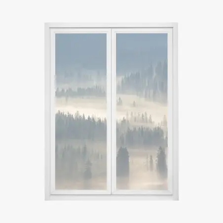 Pegatina para ventana paisaje brumoso de abetos en valle montañoso – Pixers®