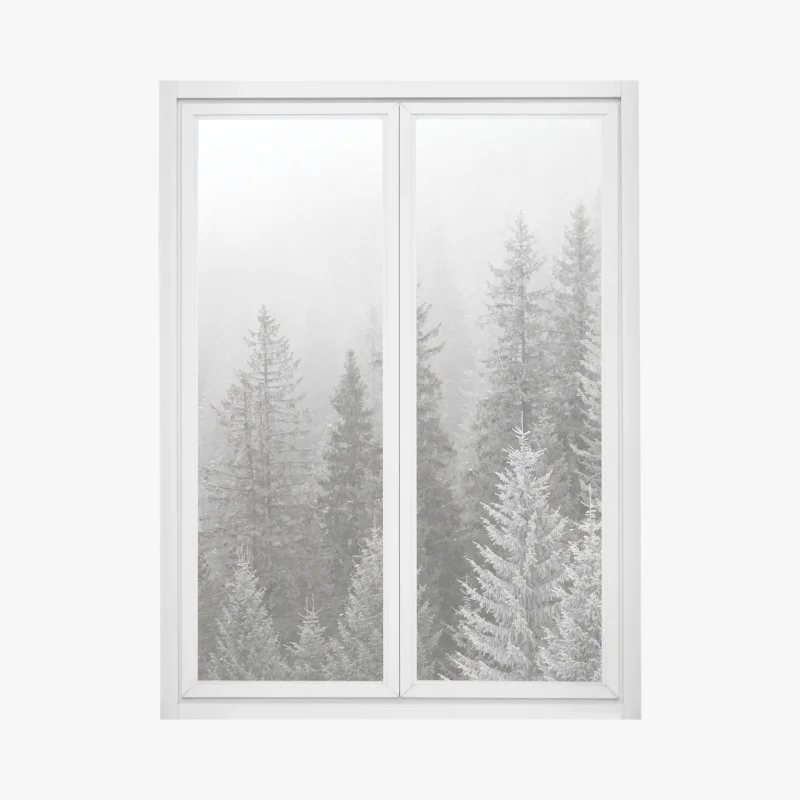 Pegatina para ventana bosque invernal entre niebla en los Cárpatos, Ucrania