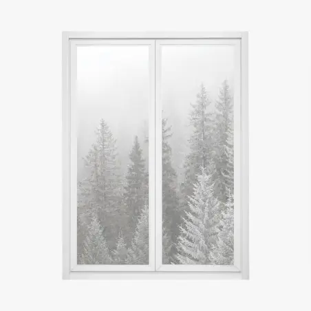 Pegatina para ventana bosque invernal entre niebla en los Cárpatos, Ucrania – Pixers®