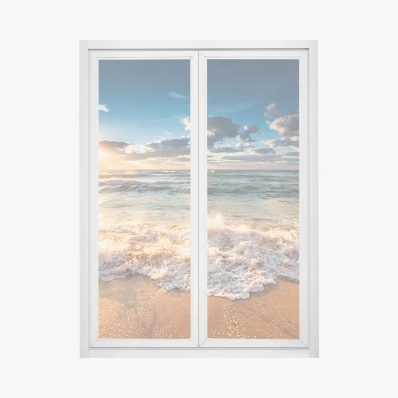 Pegatina para ventana amanecer dorado sobre el mar