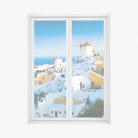 Pegatina para ventana panorama costero de Oia, Santorini – Pixers®