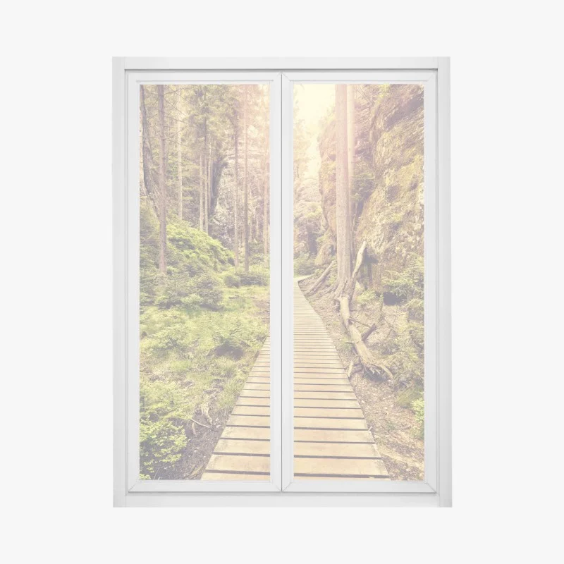 Pegatina para ventana camino de madera entre rocas en Adrspach Teplice