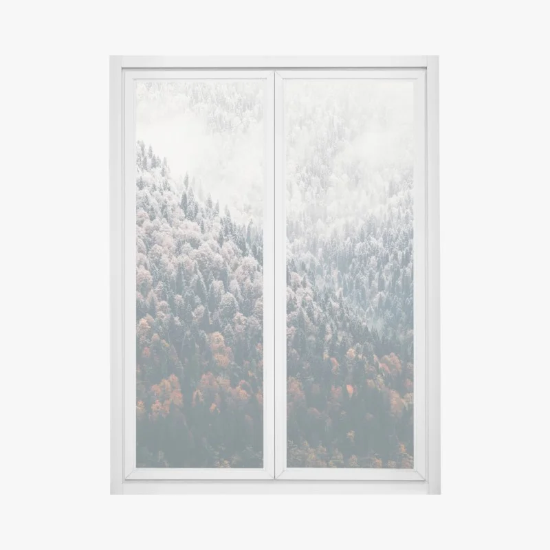 Pegatina para ventana bosque otoñal entre niebla y nieve