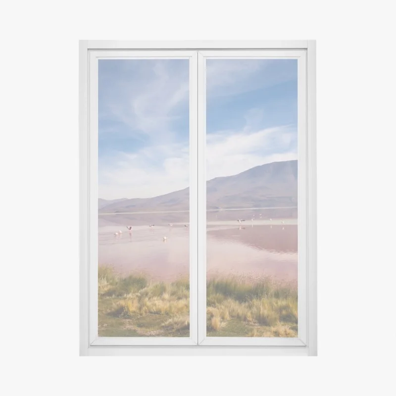 Pegatina para ventana laguna rosa con flamencos y reflejo de montaña
