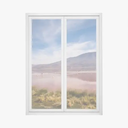 Pegatina para ventana laguna rosa con flamencos y reflejo de montaña – Pixers®