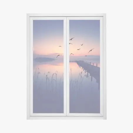 Pegatina para ventana muelle al amanecer en tonos pastel – Pixers®