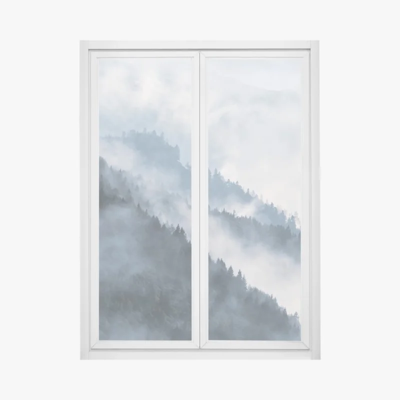 Pegatina para ventana siluetas de montañas entre la niebla