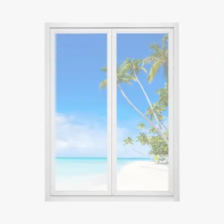 Pegatina para ventana playa tropical con palmeras y aguas turquesas – Pixers®
