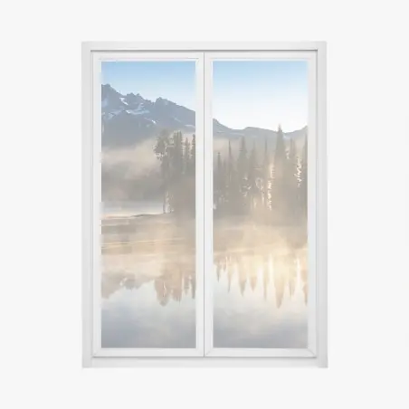 Pegatina para ventana amanecer sobre lago montañoso con niebla – Pixers®
