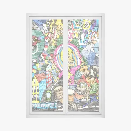 Pegatina para ventana mural urbano vibrante de fantasía y música – Pixers®