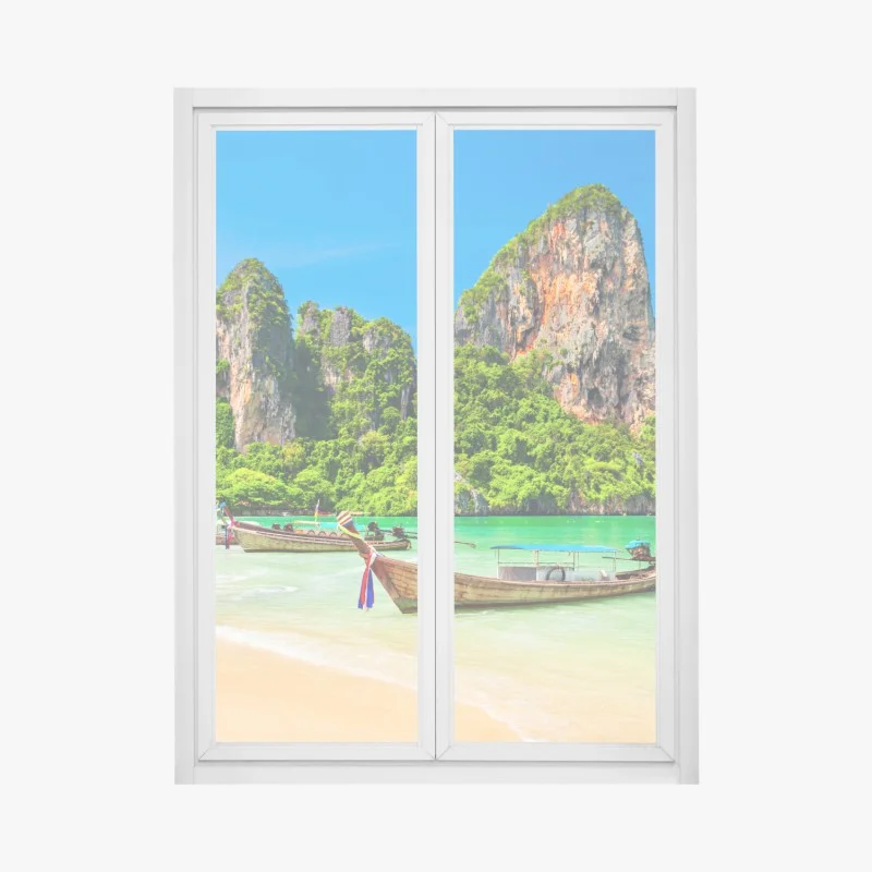 Pegatina para ventana playa paradisíaca con barcas en Tailandia