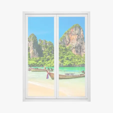 Pegatina para ventana playa paradisíaca con barcas en Tailandia – Pixers®