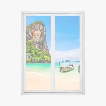 Pegatina para ventana playa tropical en Tailandia con acantilado y barcos tradicionales – Pixers®
