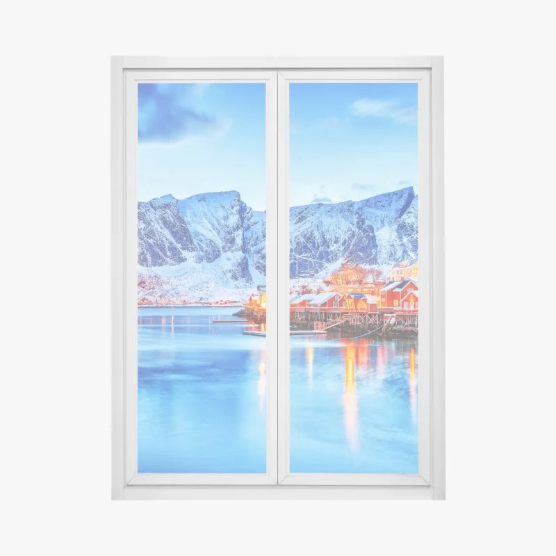 Pegatina para ventana pueblo costero ártico bajo montañas nevadas
