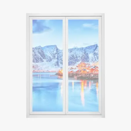 Pegatina para ventana pueblo costero ártico bajo montañas nevadas – Pixers®