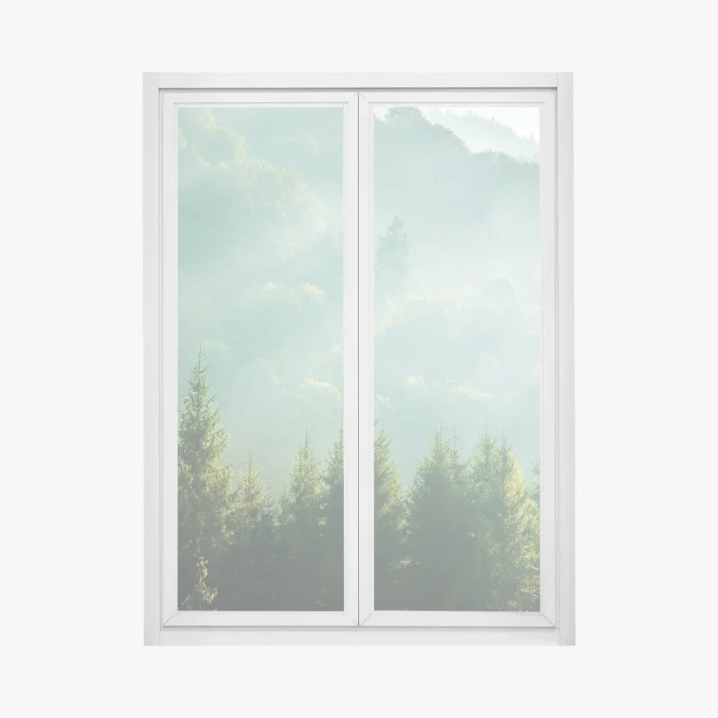 Pegatina para ventana amanecer brumoso entre abetos