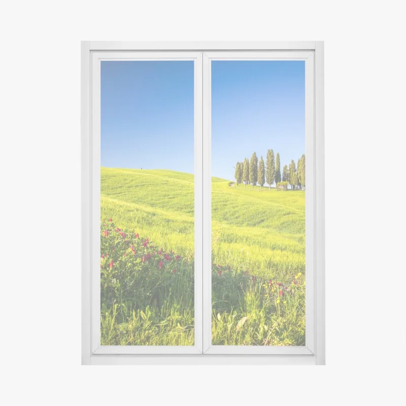 Pegatina para ventana colinas verdes y cipreses en el horizonte