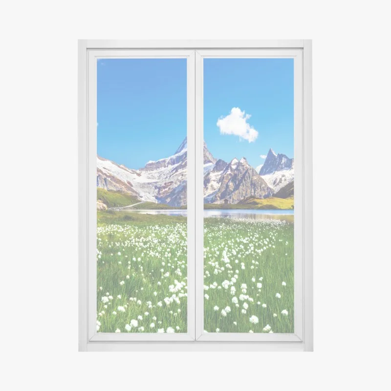 Pegatina para ventana paisaje alpino con pradera y lago cristalino