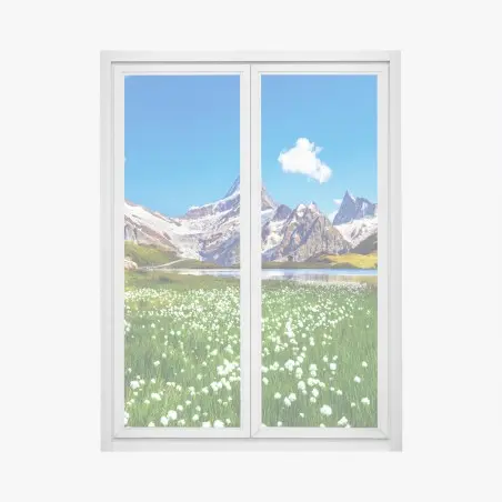 Pegatina para ventana paisaje alpino con pradera y lago cristalino – Pixers®