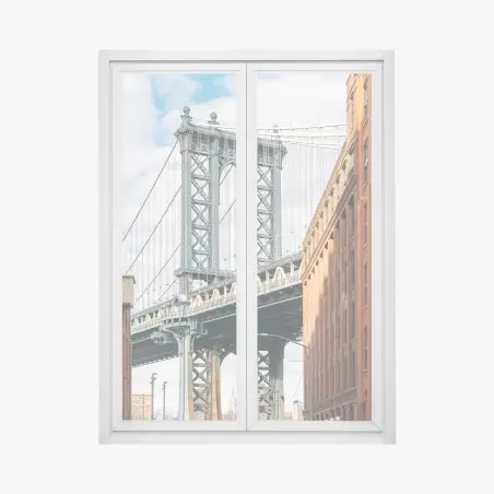 Pegatina para ventana vista icónica del puente de Brooklyn entre fachadas de ladrillo – Pixers®