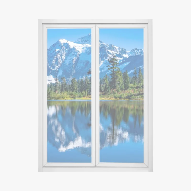 Pegatina para ventana reflejo de montaña nevada en lago sereno