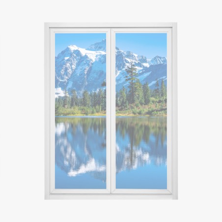 Pegatina para ventana reflejo de montaña nevada en lago sereno – Pixers®