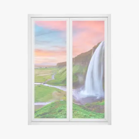 Pegatina para ventana cascada al atardecer en Islandia – Pixers®