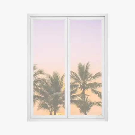 Pegatina para ventana atardecer tropical con palmeras frente al mar – Pixers®