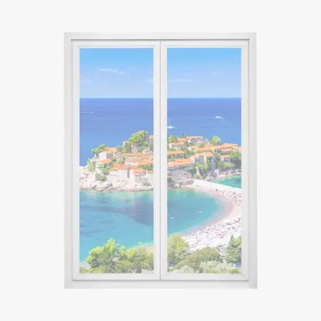 Pegatina para ventana vistas de Sveti Stefan, Montenegro – Pixers®