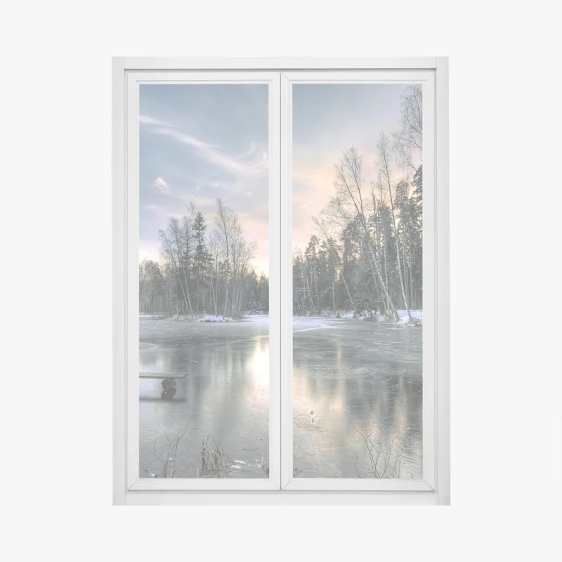Pegatina para ventana paisaje invernal junto al lago helado