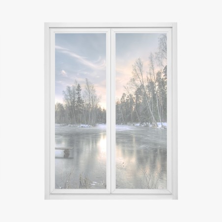 Pegatina para ventana paisaje invernal junto al lago helado – Pixers®
