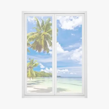 Pegatina para ventana paraíso tropical palmeras sobre mar cristalino – Pixers®