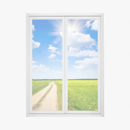 Pegatina para ventana camino entre campos de colza bajo cielo azul – Pixers®