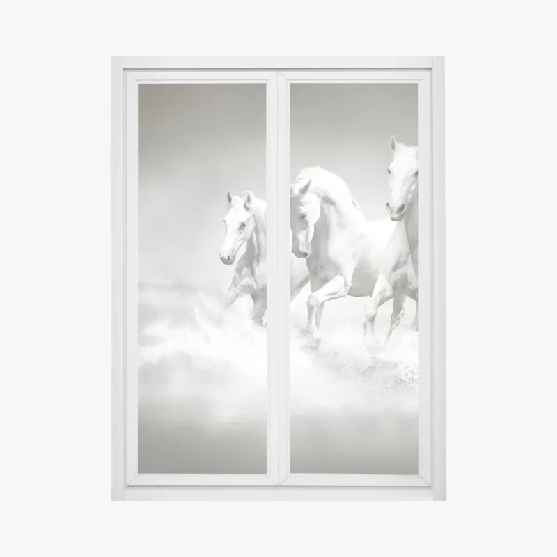 Pegatina para ventana trío de caballos blancos galopando sobre el agua