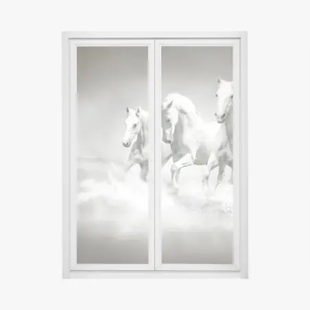 Pegatina para ventana trío de caballos blancos galopando sobre el agua – Pixers®