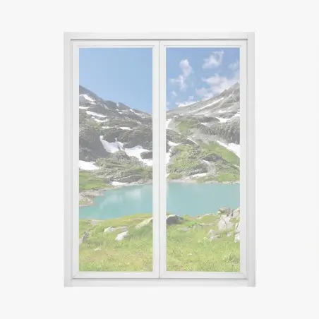 Pegatina para ventana lago alpino turquesa entre montañas y praderas – Pixers®