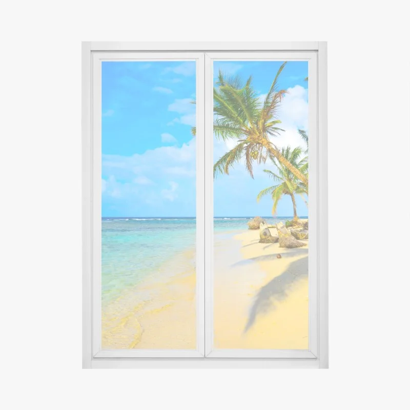 Pegatina para ventana escena de paraíso tropical con palmeras y mar turquesa